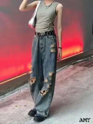 Amy Fashion - Distressed Trendy Brand Washed Vintage Versatile Trendy Wide Leg Design Inset Jean