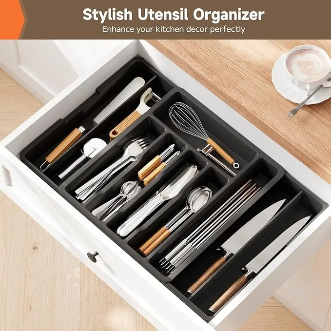 Black 13 to 22.8 Inches Expandable Drawer Cutlery Organiser Tray for Kitchen Silverware Utensil, Adjustable Large Organizer