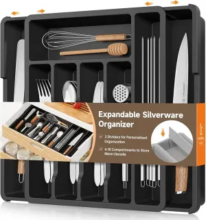 Black 13 to 22.8 Inches Expandable Drawer Cutlery Organiser Tray for Kitchen Silverware Utensil, Adjustable Large Organizer
