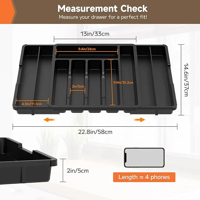 Black 13 to 22.8 Inches Expandable Drawer Cutlery Organiser Tray for Kitchen Silverware Utensil, Adjustable Large Organizer