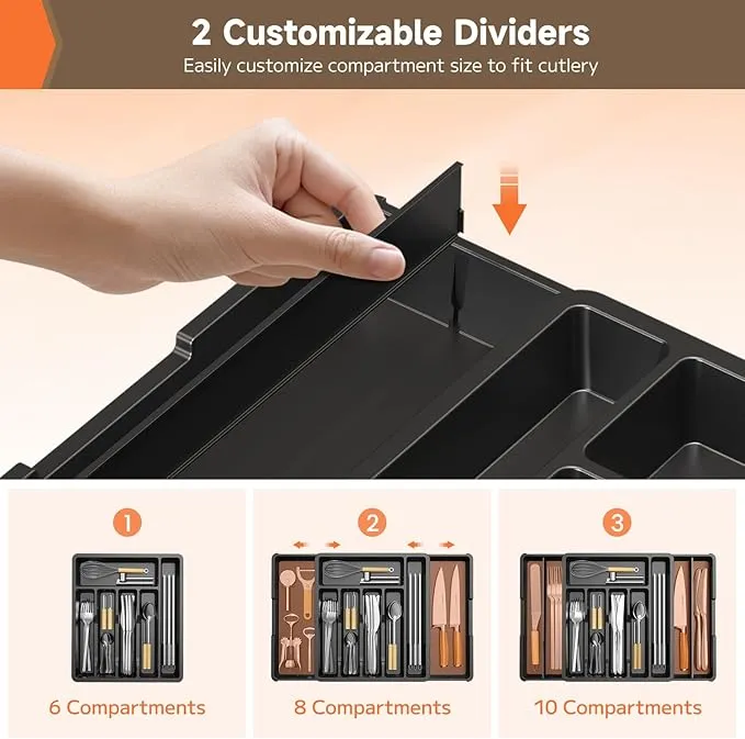 Black 13 to 22.8 Inches Expandable Drawer Cutlery Organiser Tray for Kitchen Silverware Utensil, Adjustable Large Organizer