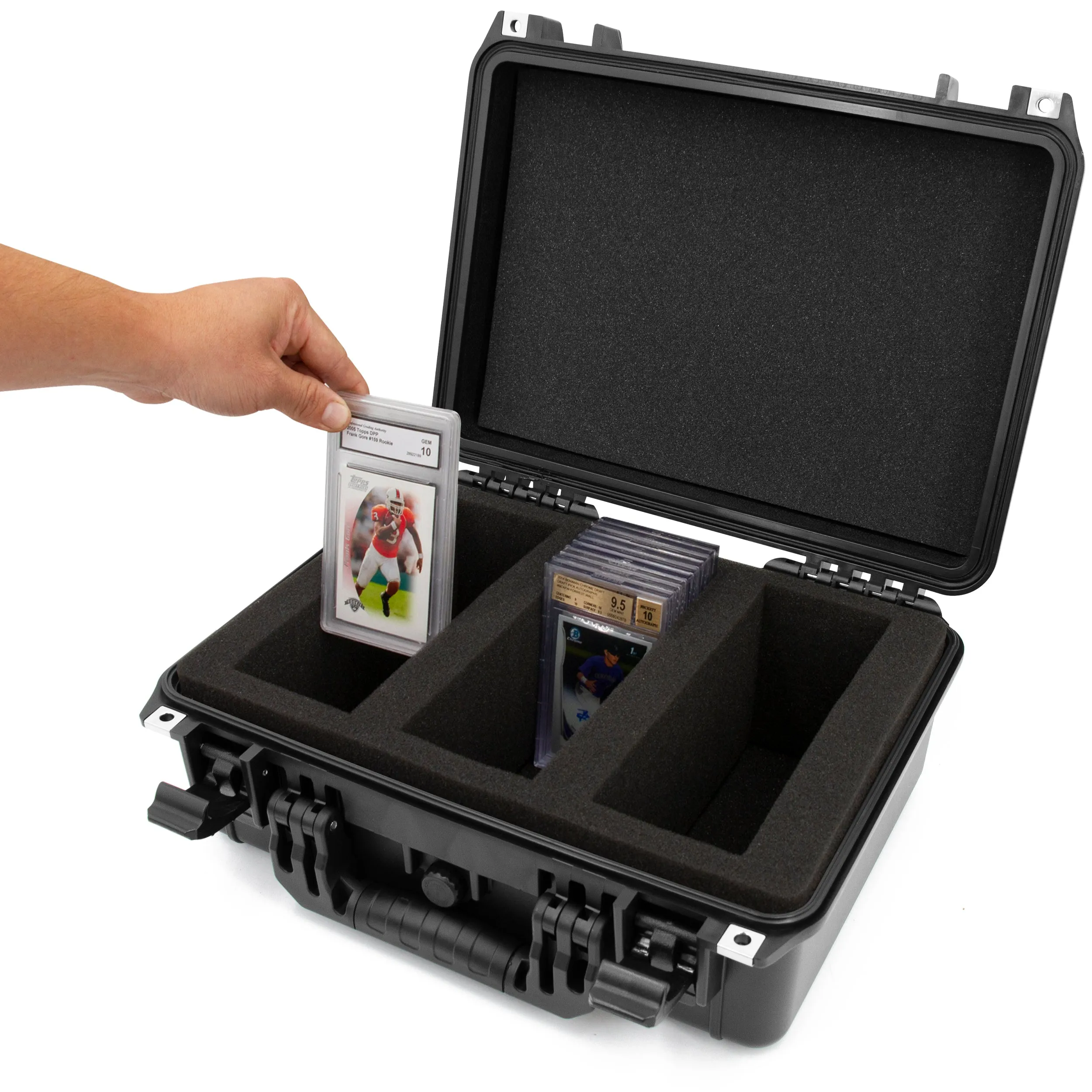 CASEMATIX Graded Card Storage Box Fits 90  BGS PSA Trading Cards TCG, Waterproof Sports Card Case with Three Custom Graded Card Case Compartments