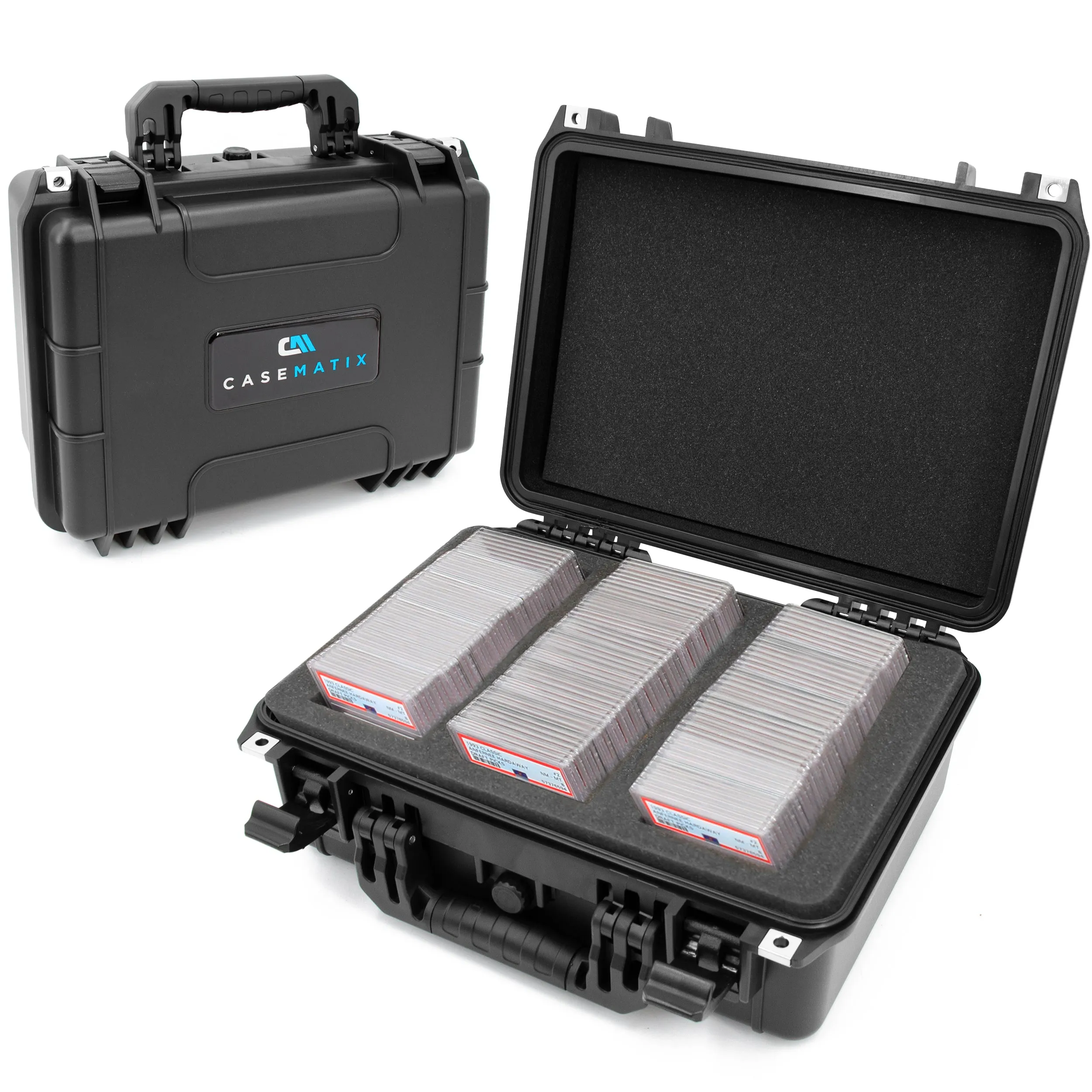 CASEMATIX Graded Card Storage Box Fits 90  BGS PSA Trading Cards TCG, Waterproof Sports Card Case with Three Custom Graded Card Case Compartments