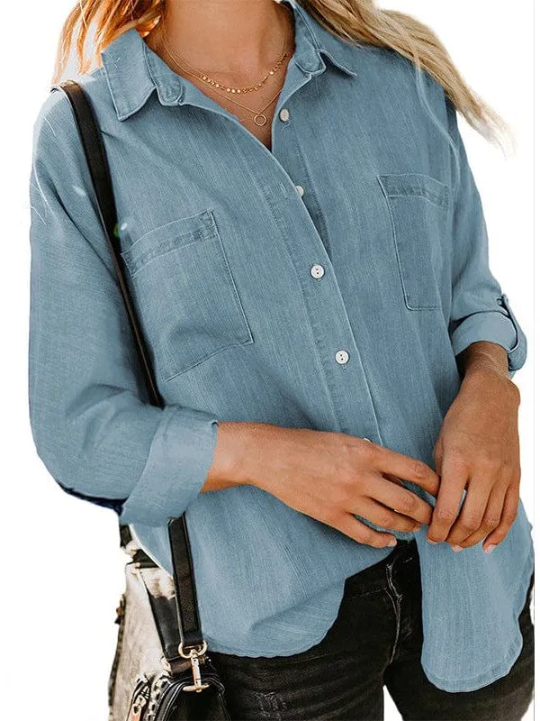 Casual Denim Jacket With Double Pockets And Frayed Edges