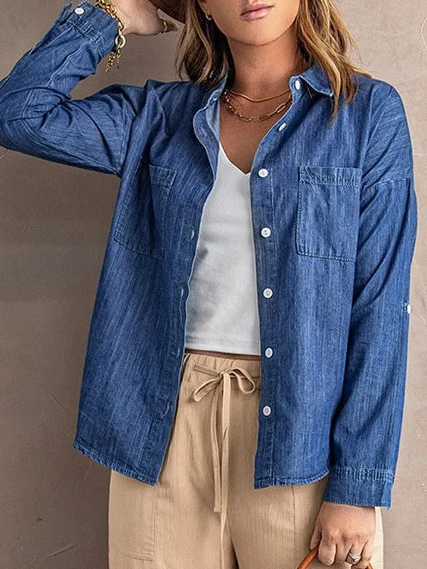 Casual Denim Jacket With Double Pockets And Frayed Edges