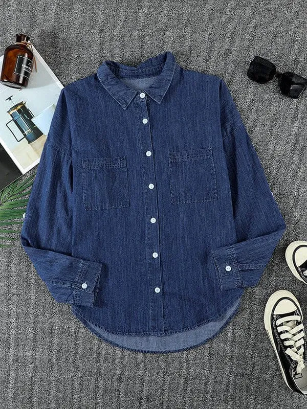 Casual Denim Jacket With Double Pockets And Frayed Edges