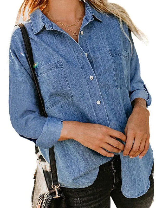 Casual Denim Jacket With Double Pockets And Frayed Edges