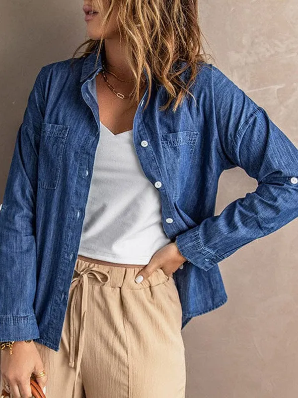 Casual Denim Jacket With Double Pockets And Frayed Edges