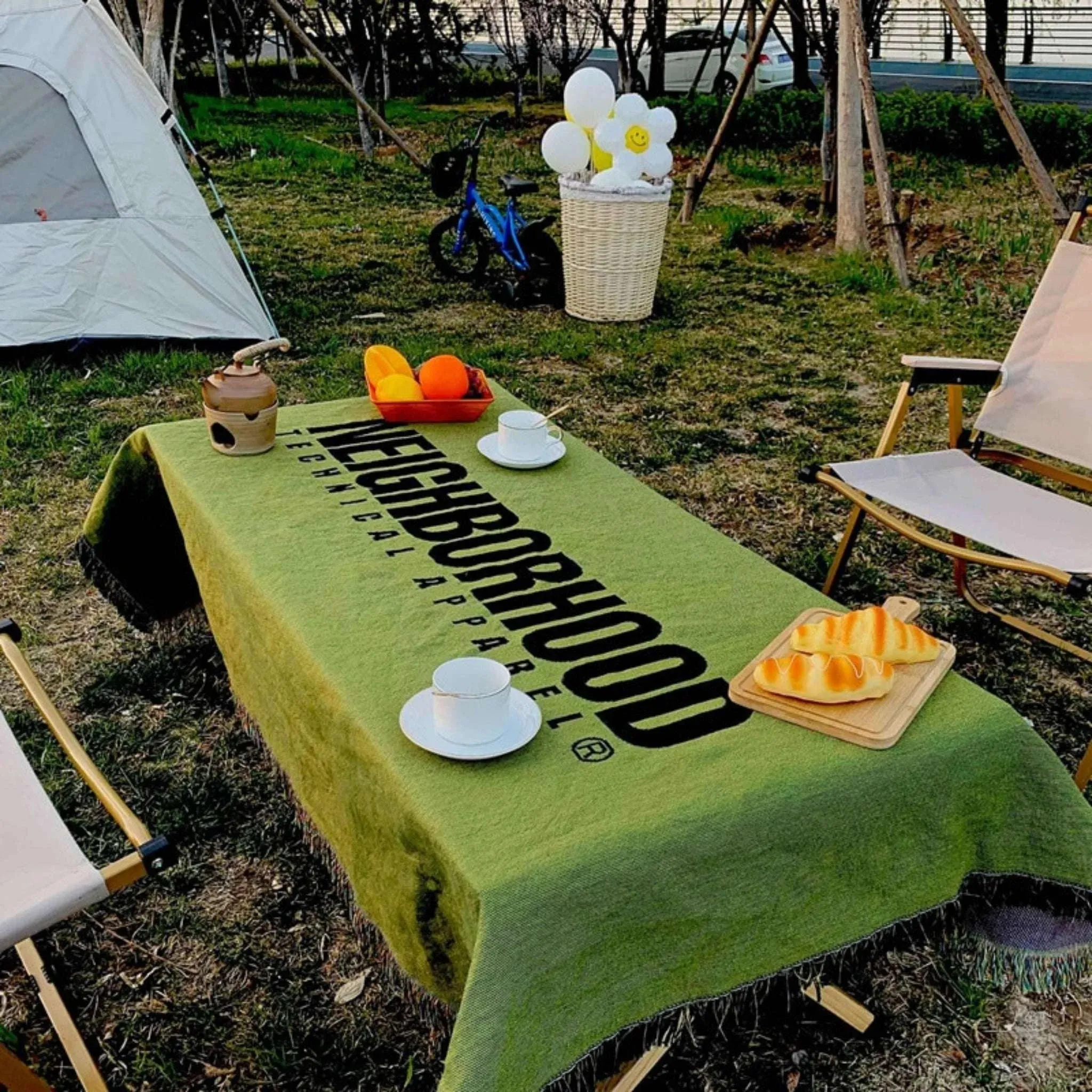 Green Tassel Knitted Picnic Mat - Vintage Letter Blanket for Outdoor Adventures