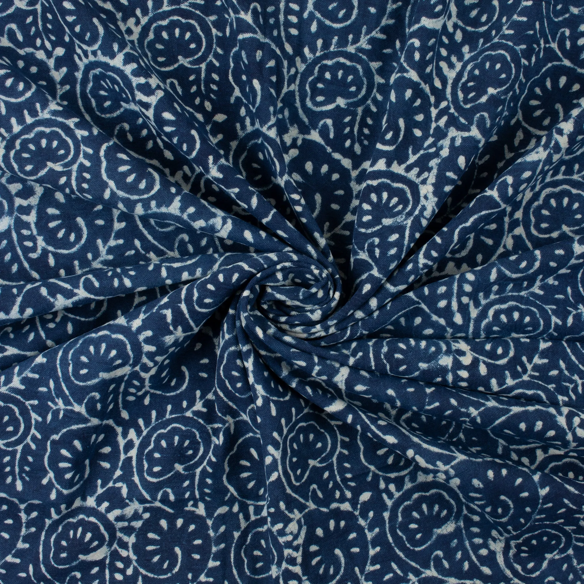 Hand Block Floral Print Indigo Apostate Cotton Canvas Fabric