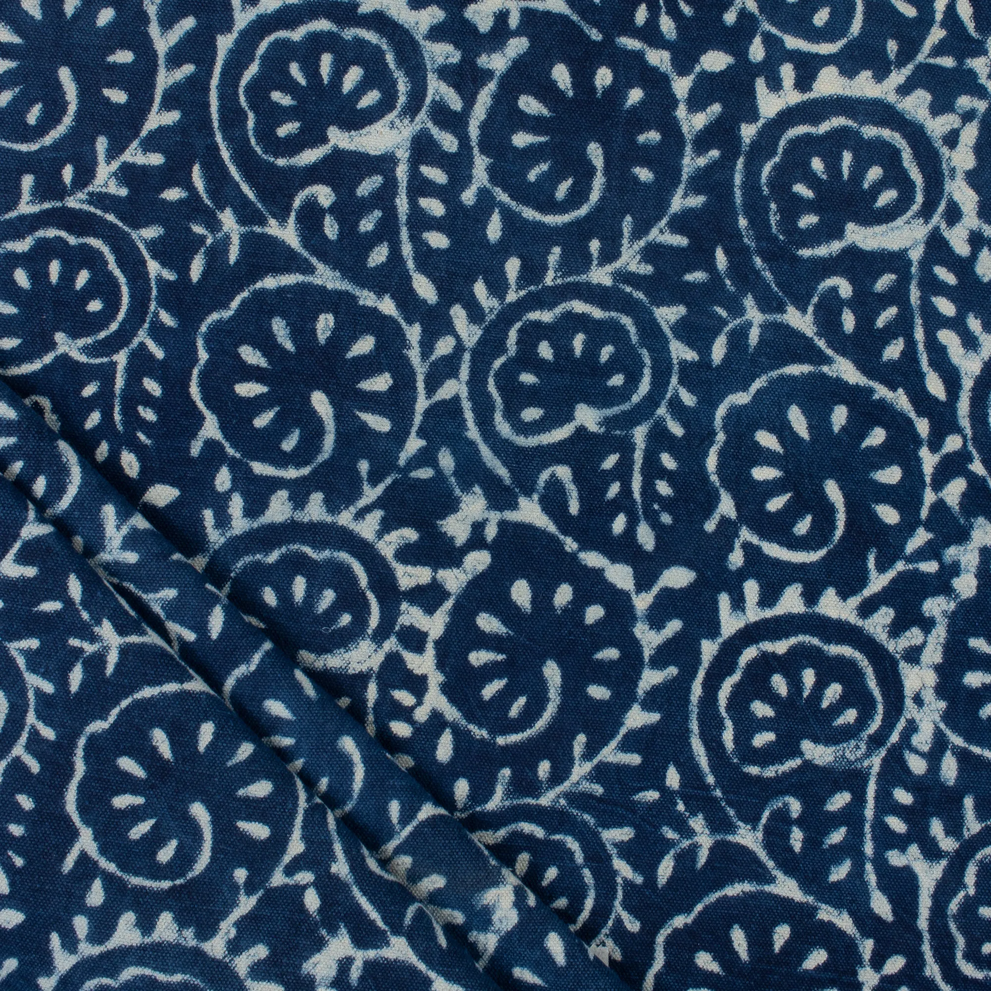 Hand Block Floral Print Indigo Apostate Cotton Canvas Fabric