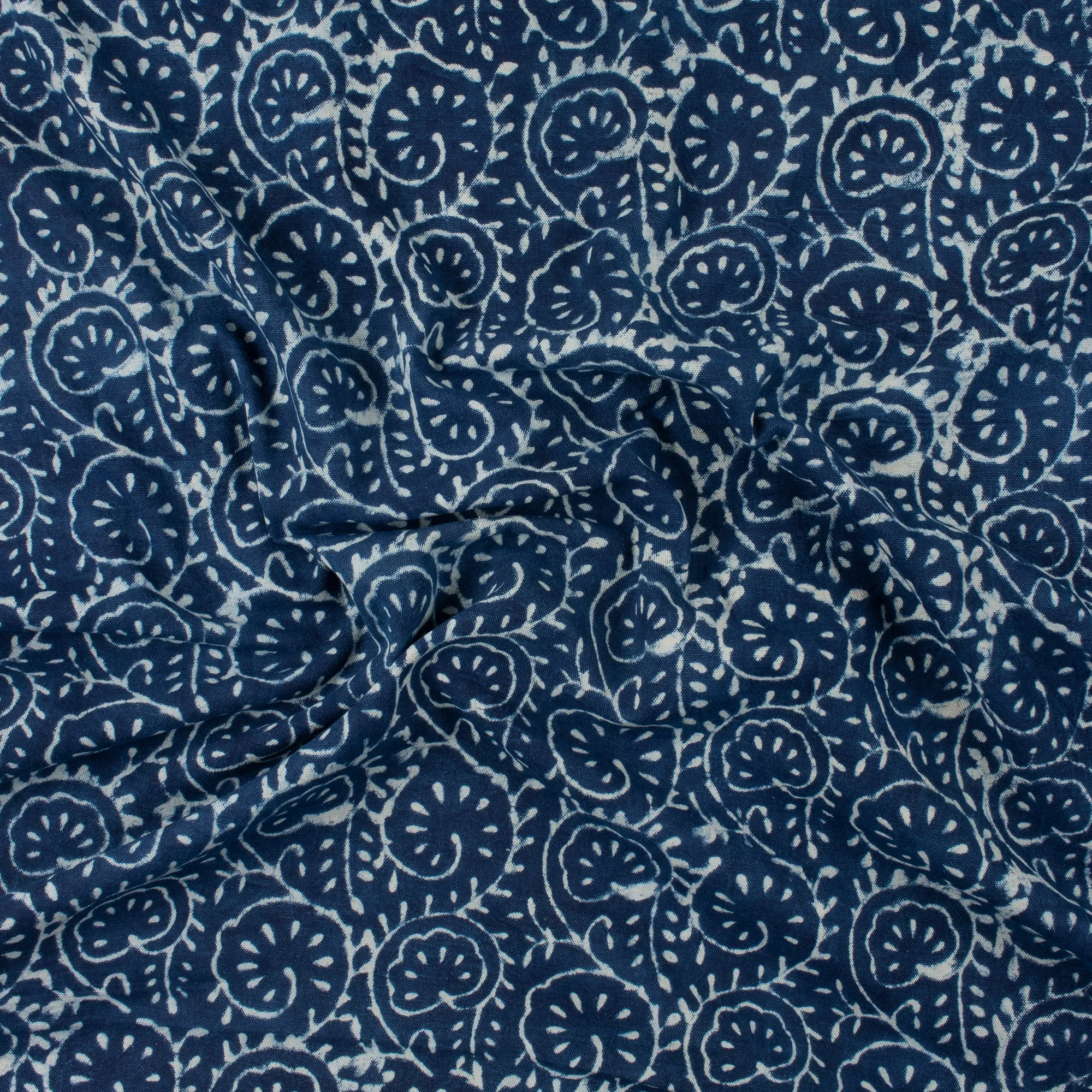 Hand Block Floral Print Indigo Apostate Cotton Canvas Fabric