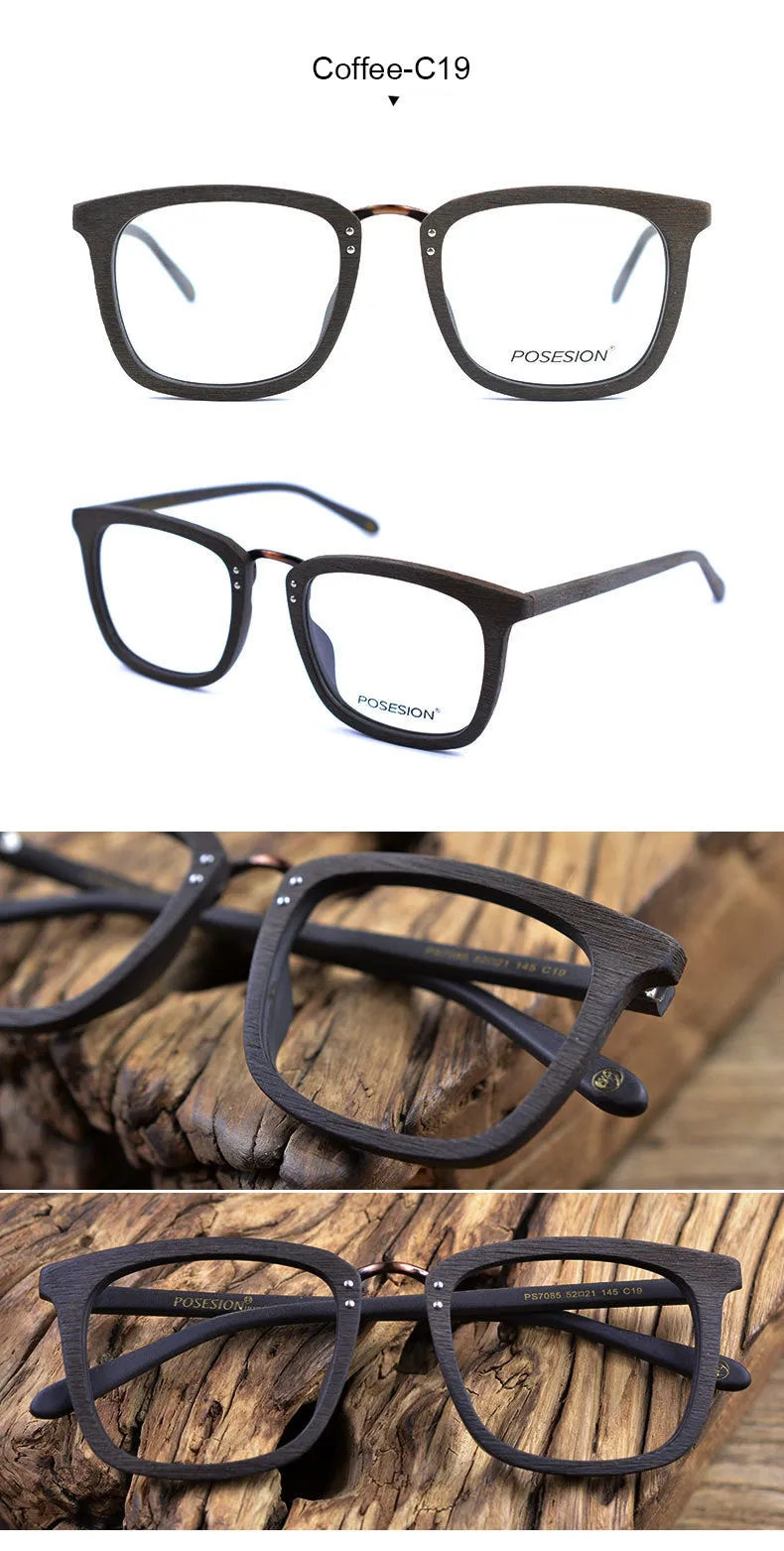 Hdcrafter Men's Full Rim Square Wood Alloy Frame Eyeglasses Ps7085