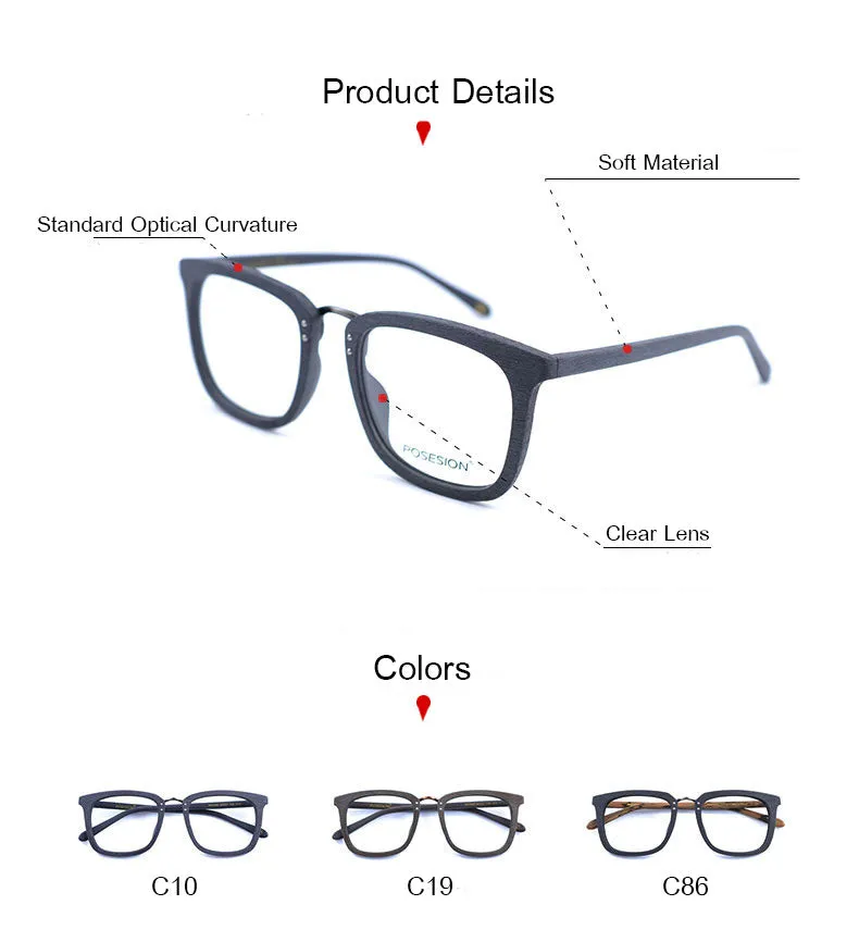 Hdcrafter Men's Full Rim Square Wood Alloy Frame Eyeglasses Ps7085