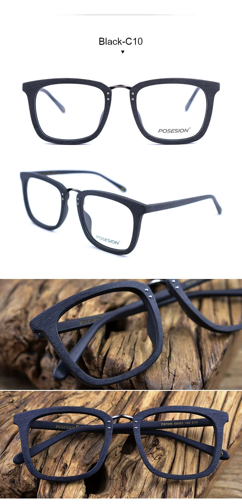 Hdcrafter Men's Full Rim Square Wood Alloy Frame Eyeglasses Ps7085