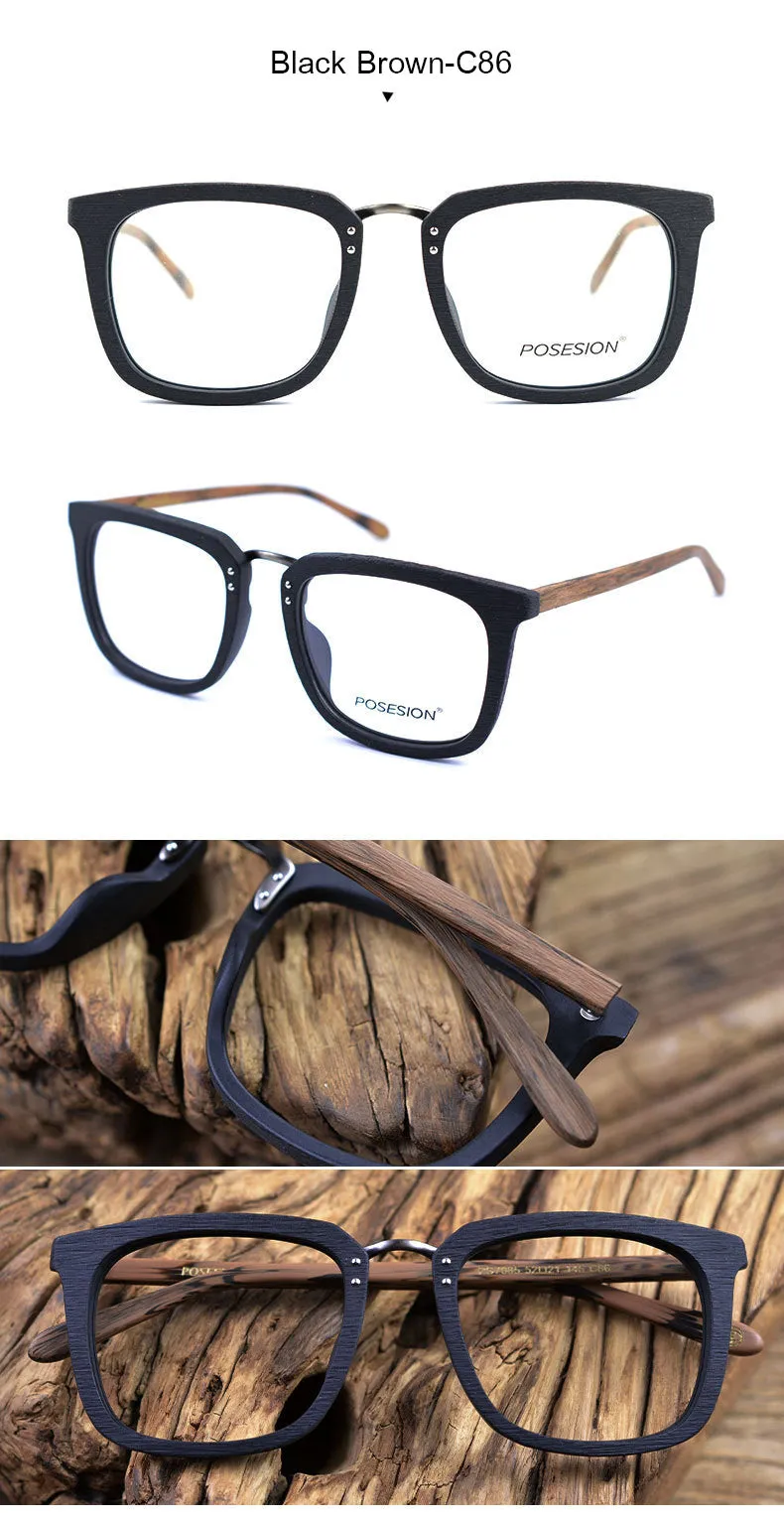 Hdcrafter Men's Full Rim Square Wood Alloy Frame Eyeglasses Ps7085