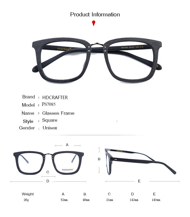 Hdcrafter Men's Full Rim Square Wood Alloy Frame Eyeglasses Ps7085