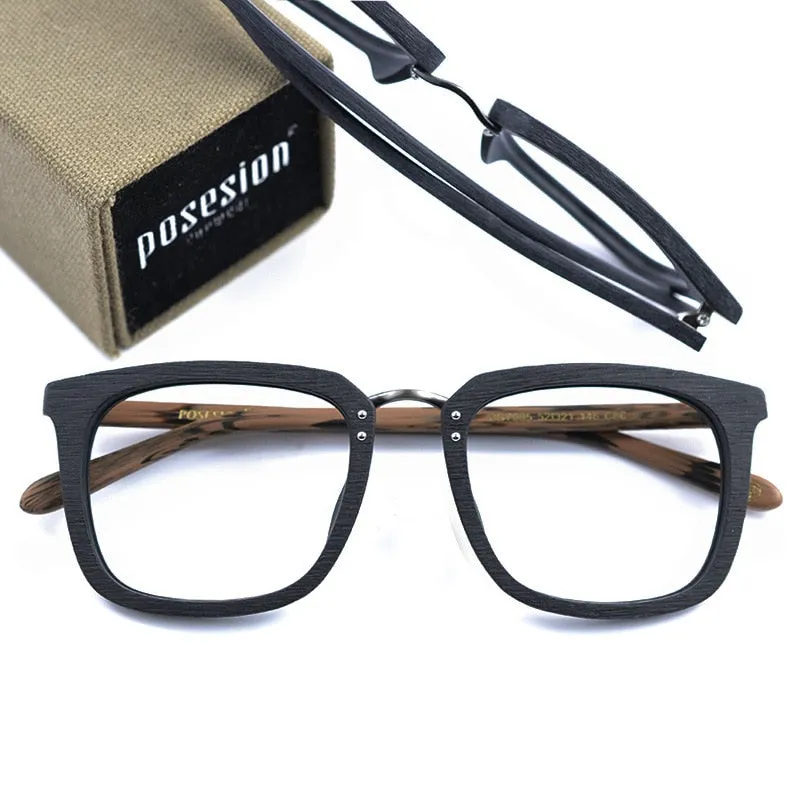 Hdcrafter Men's Full Rim Square Wood Alloy Frame Eyeglasses Ps7085