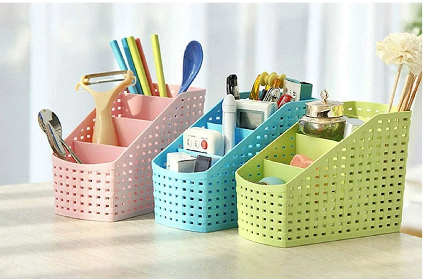 Heart Home 3 Pieces Plastic Multipurpose Storage Basket for Bathroom, Kitchen, Office (Multi) - CTHH18777