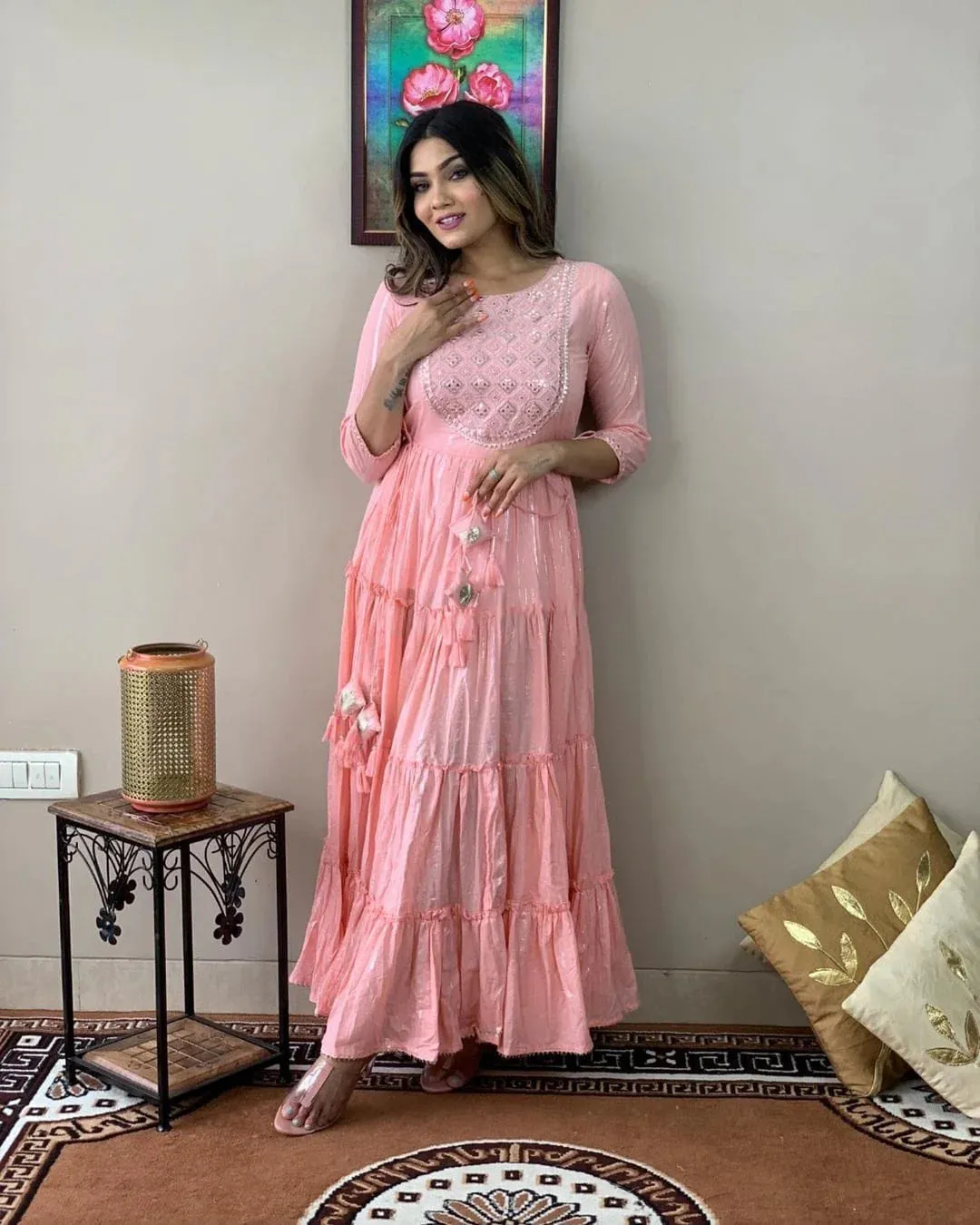 LIBASRACHNA Stylish Embroidered Cotton Lurex Anarkali Gown