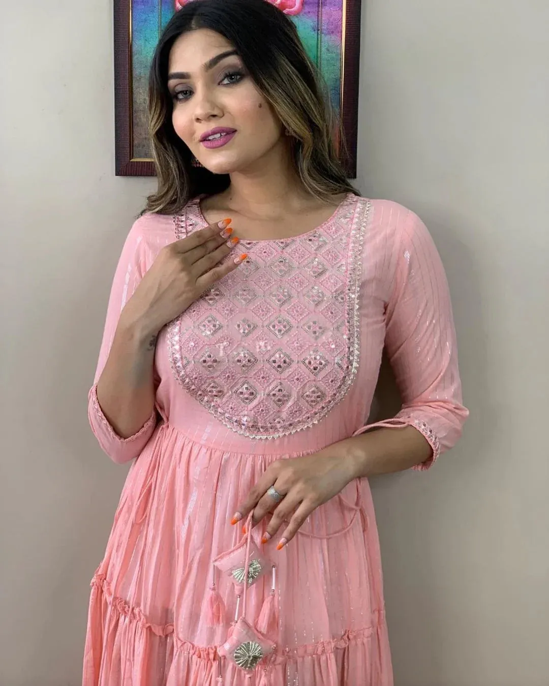 LIBASRACHNA Stylish Embroidered Cotton Lurex Anarkali Gown