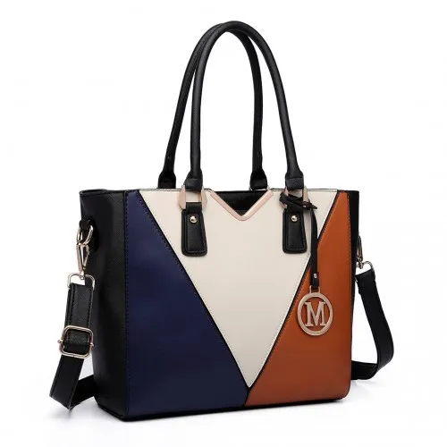 Miss Lulu Leather Look V-Shape Multicolour Tote Bag - Brown | Stylish & Spacious Shoulder Bag