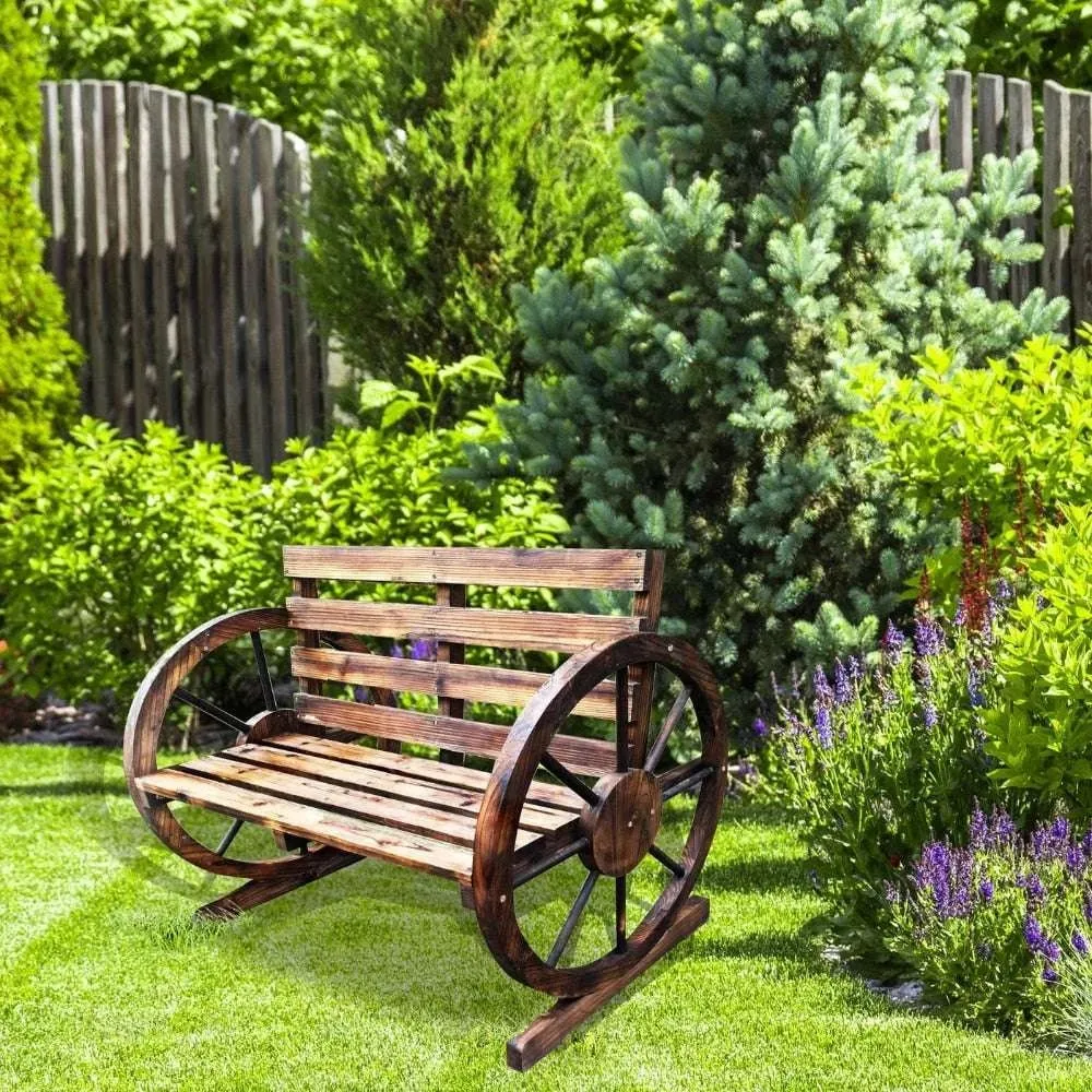 Rustic Wood Wagon Wheel Patio Bench - Charming Outdoor Farmhouse Seating