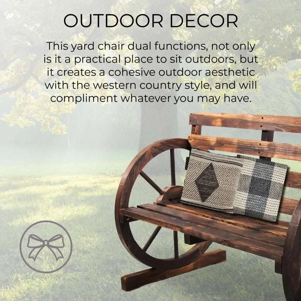Rustic Wood Wagon Wheel Patio Bench - Charming Outdoor Farmhouse Seating