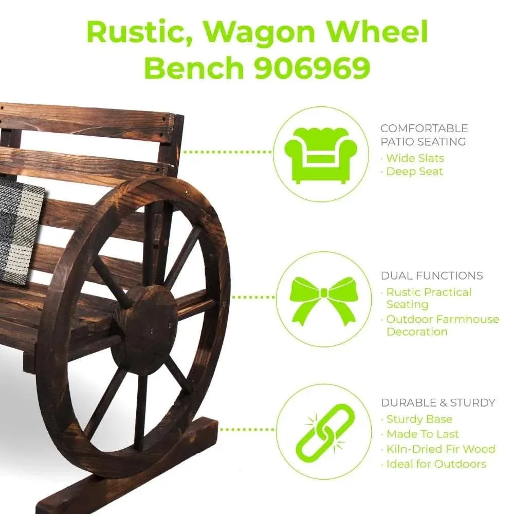 Rustic Wood Wagon Wheel Patio Bench - Charming Outdoor Farmhouse Seating