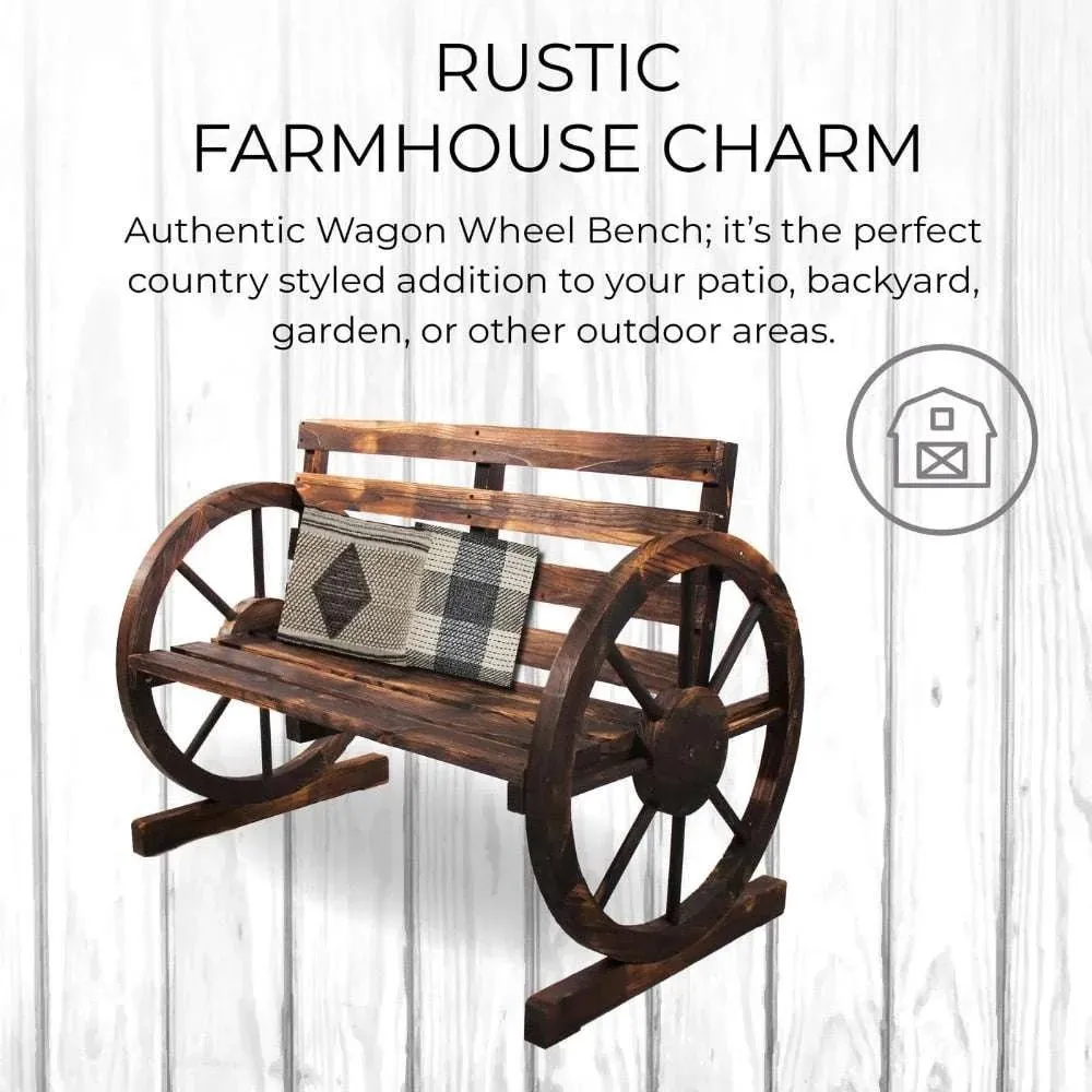 Rustic Wood Wagon Wheel Patio Bench - Charming Outdoor Farmhouse Seating