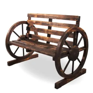 Rustic Wood Wagon Wheel Patio Bench - Charming Outdoor Farmhouse Seating