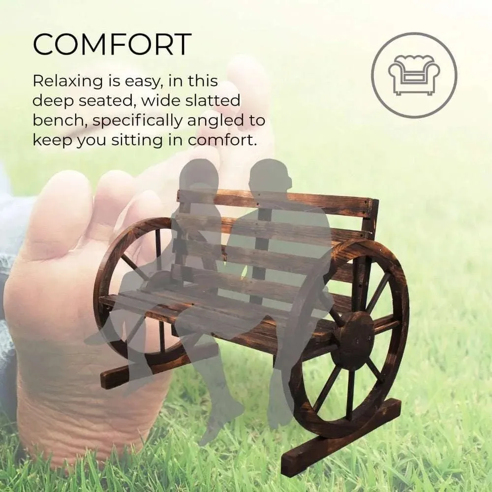 Rustic Wood Wagon Wheel Patio Bench - Charming Outdoor Farmhouse Seating