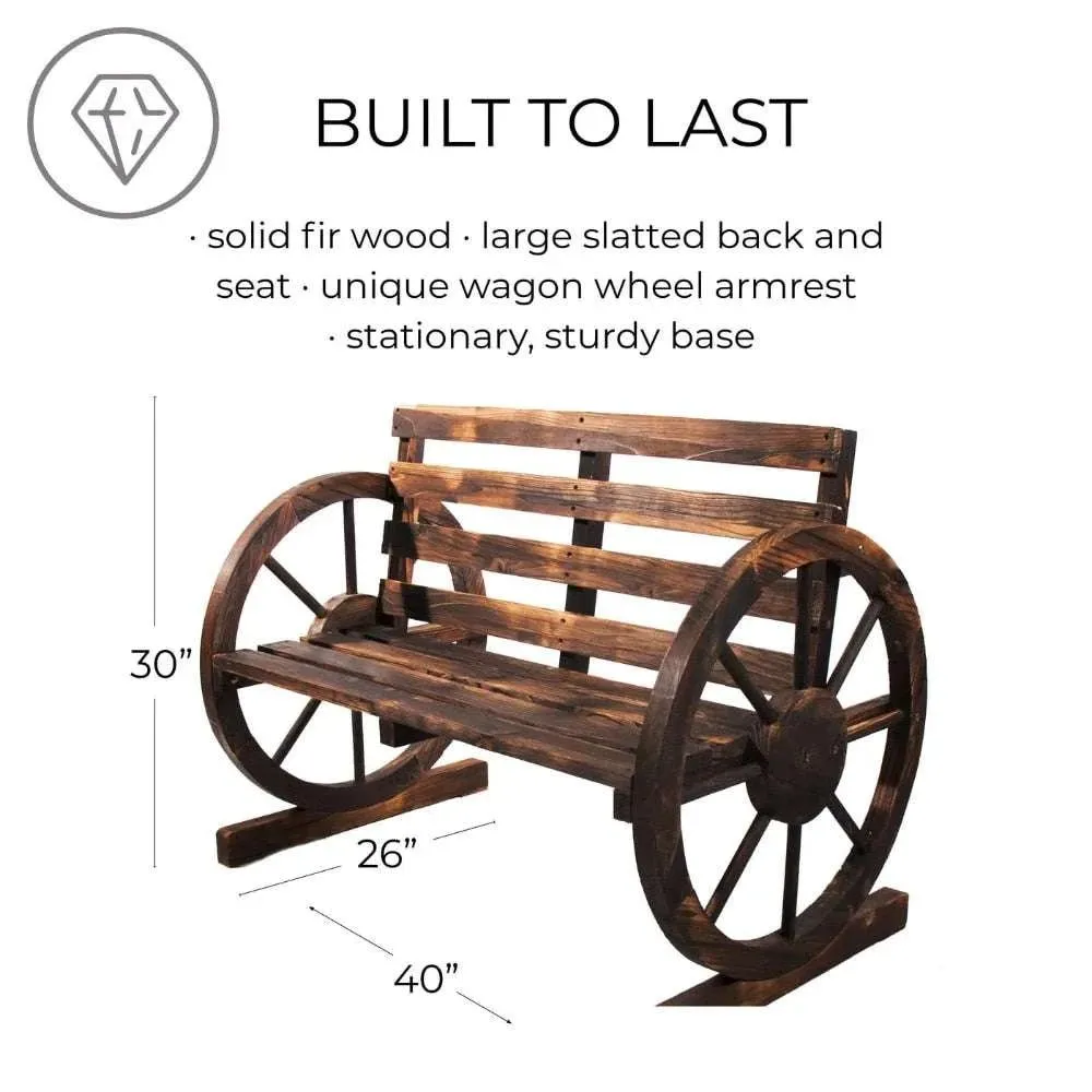 Rustic Wood Wagon Wheel Patio Bench - Charming Outdoor Farmhouse Seating