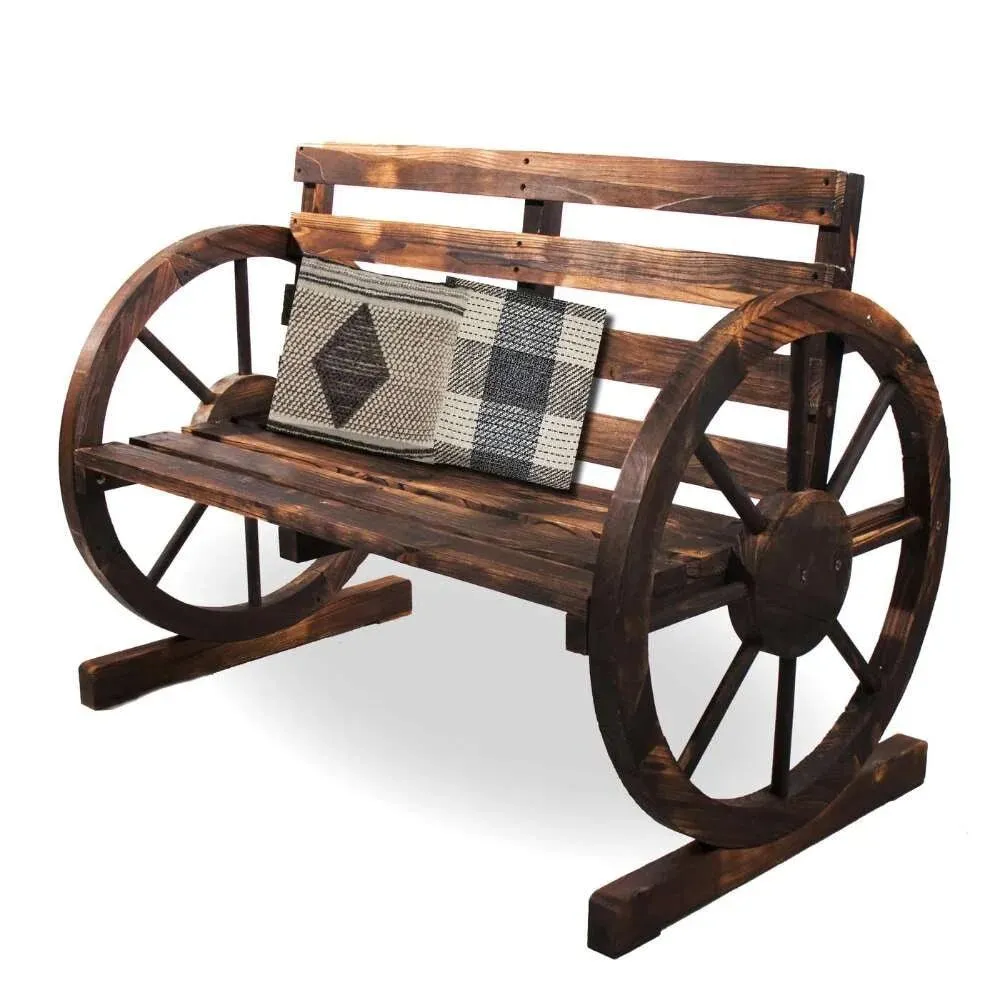 Rustic Wood Wagon Wheel Patio Bench - Charming Outdoor Farmhouse Seating