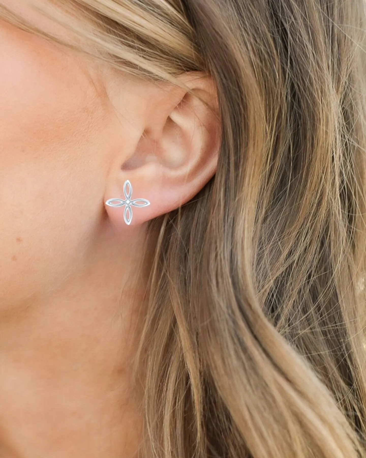 She's Classic Mini Cross Stud Earrings in Silver