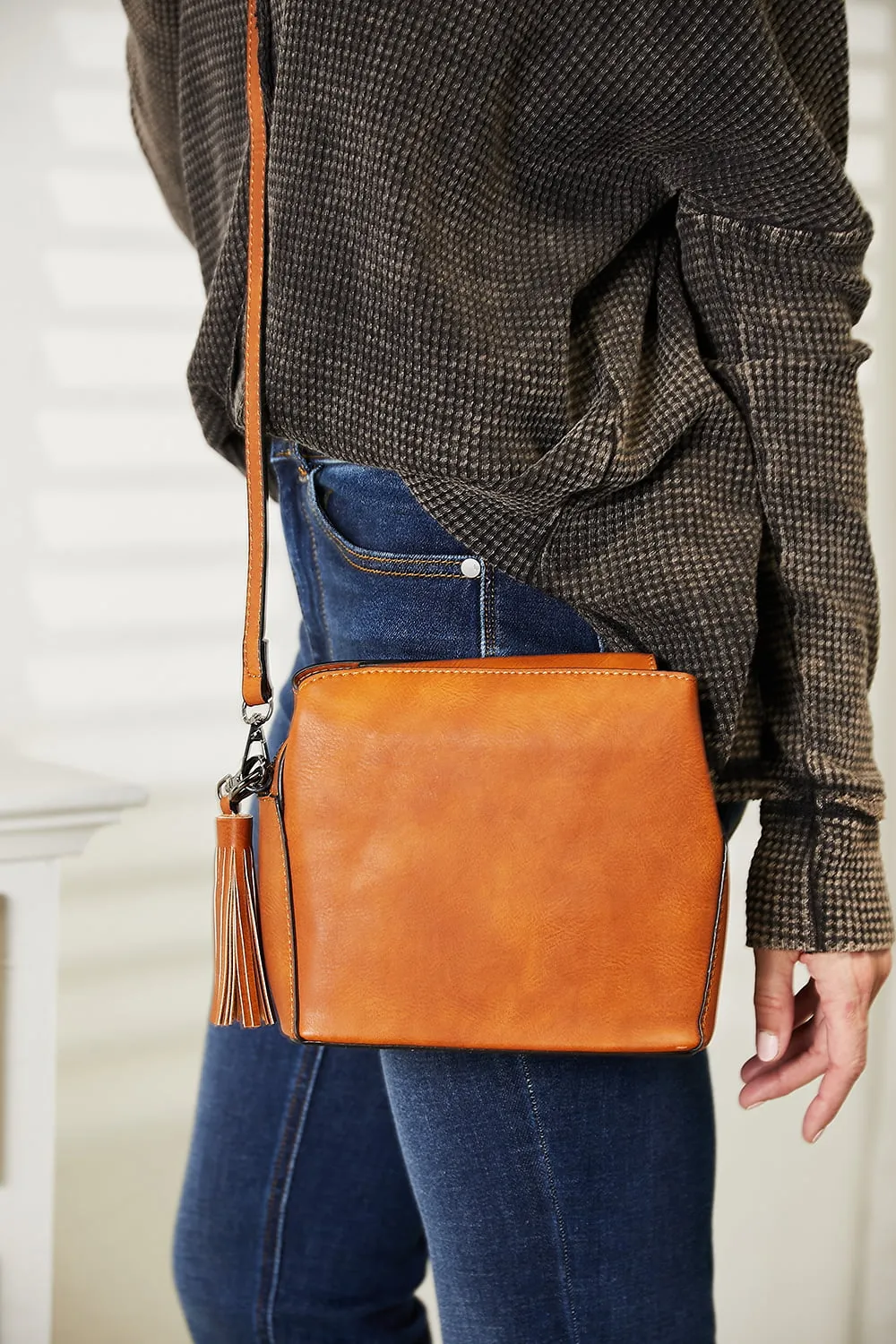 SHOMICO PU Leather Crossbody Bag with Thin strap & Tassel