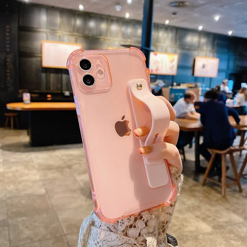 Soft Transparent Bumper Wrist Strap Phone Case with Kickstand - Compatible with iPhone 11/12/13/14 Pro/Pro Max