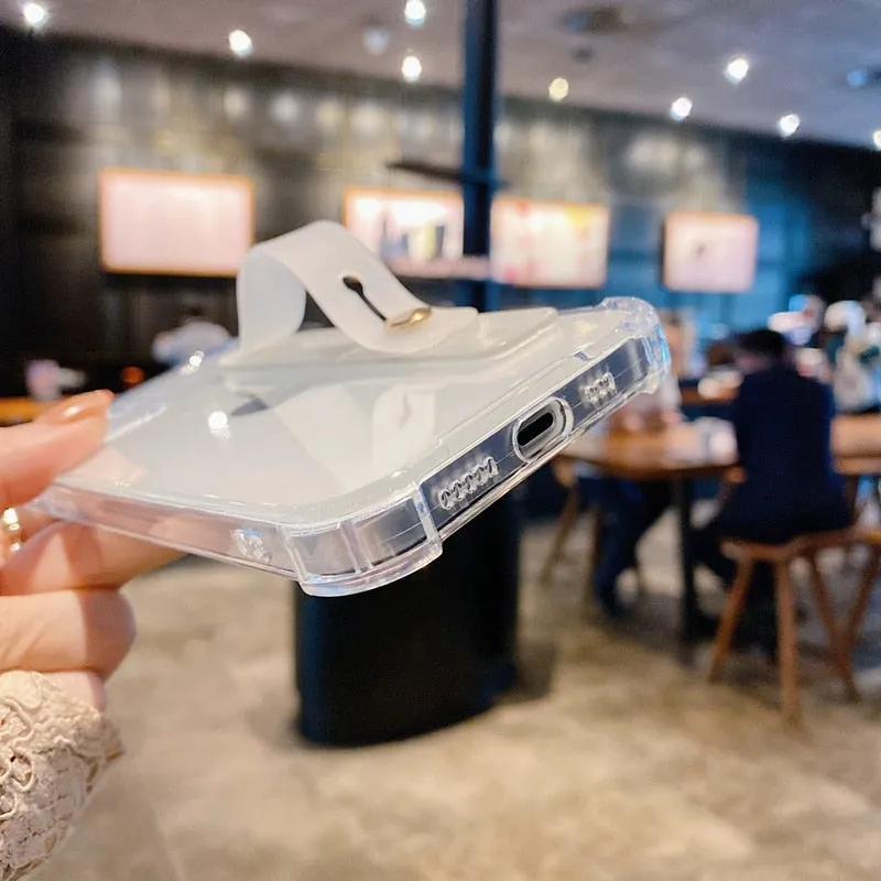 Soft Transparent Bumper Wrist Strap Phone Case with Kickstand - Compatible with iPhone 11/12/13/14 Pro/Pro Max