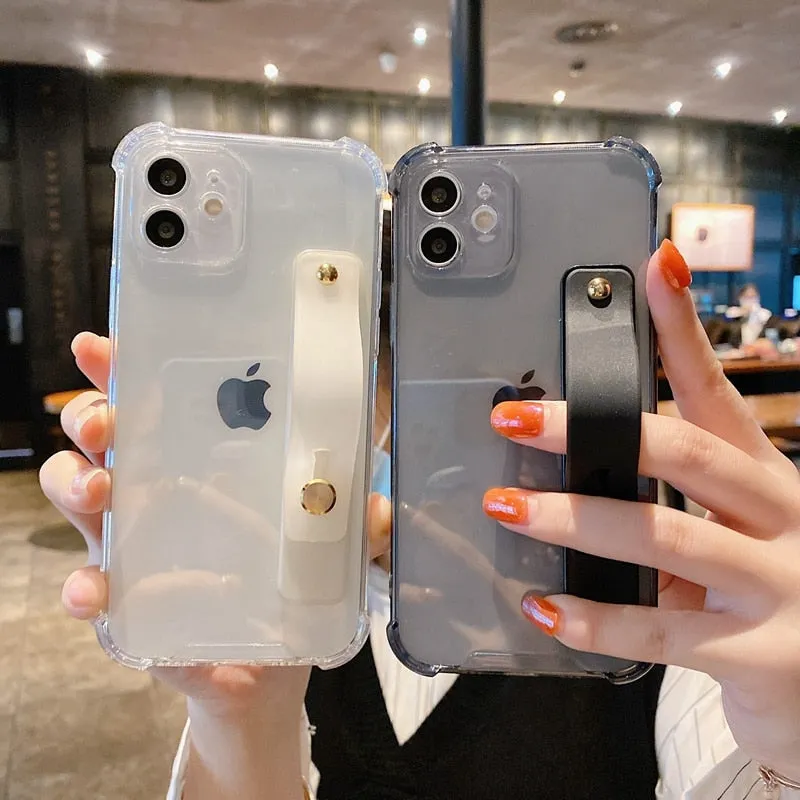 Soft Transparent Bumper Wrist Strap Phone Case with Kickstand - Compatible with iPhone 11/12/13/14 Pro/Pro Max