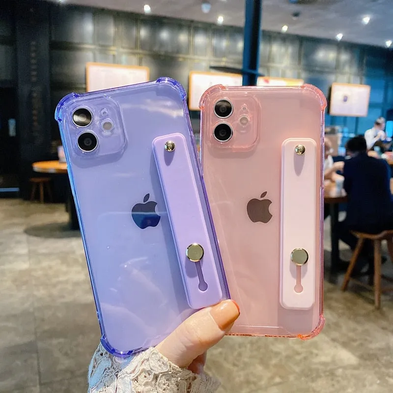 Soft Transparent Bumper Wrist Strap Phone Case with Kickstand - Compatible with iPhone 11/12/13/14 Pro/Pro Max
