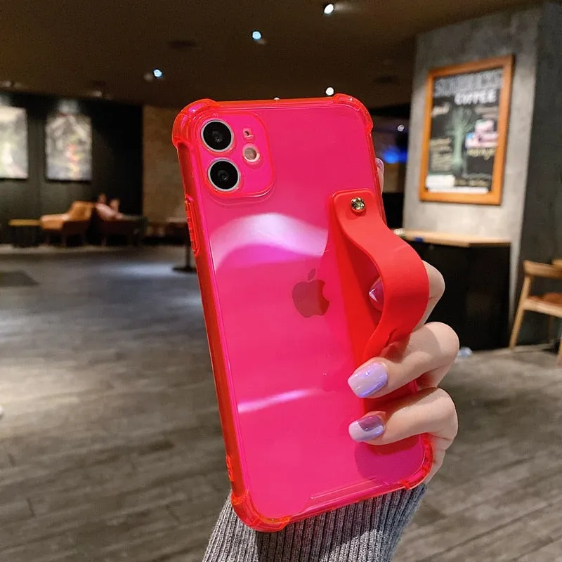 Soft Transparent Bumper Wrist Strap Phone Case with Kickstand - Compatible with iPhone 11/12/13/14 Pro/Pro Max