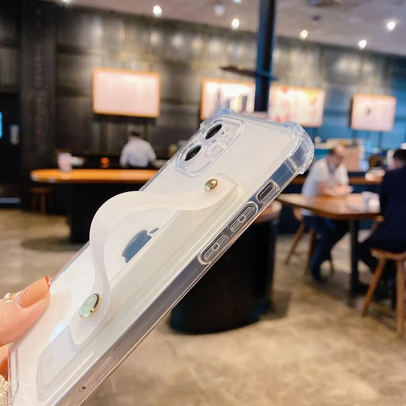 Soft Transparent Bumper Wrist Strap Phone Case with Kickstand - Compatible with iPhone 11/12/13/14 Pro/Pro Max
