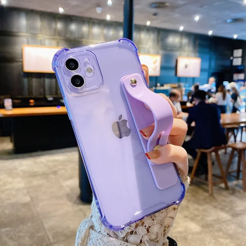 Soft Transparent Bumper Wrist Strap Phone Case with Kickstand - Compatible with iPhone 11/12/13/14 Pro/Pro Max