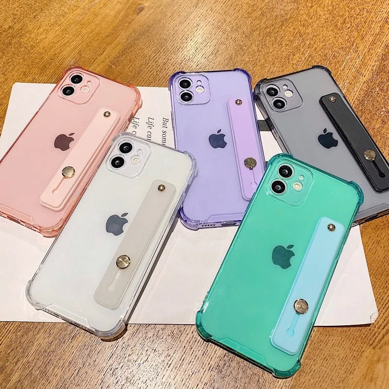 Soft Transparent Bumper Wrist Strap Phone Case with Kickstand - Compatible with iPhone 11/12/13/14 Pro/Pro Max