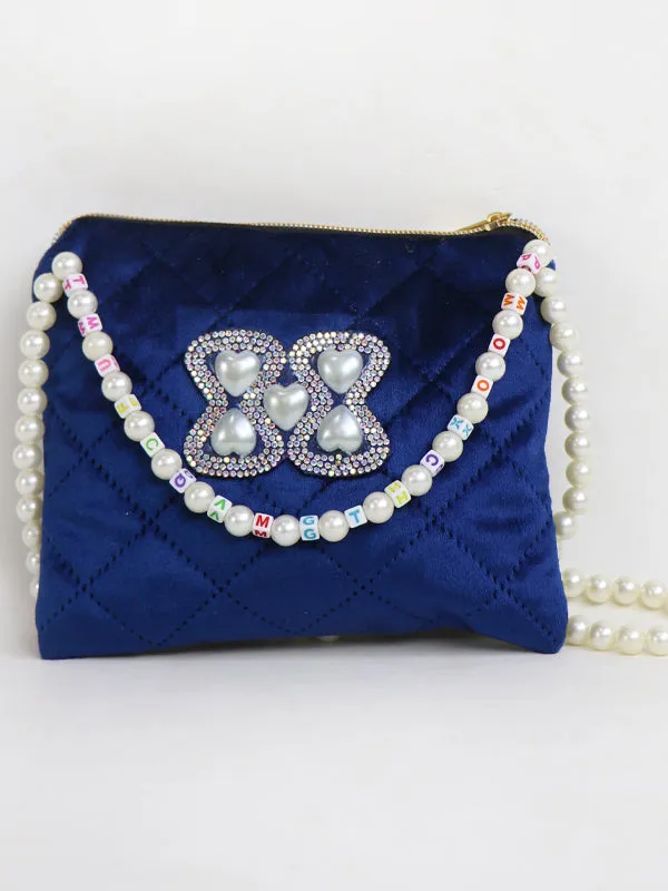 Stylish Velvet Handbag For Women's Heart Blue 19